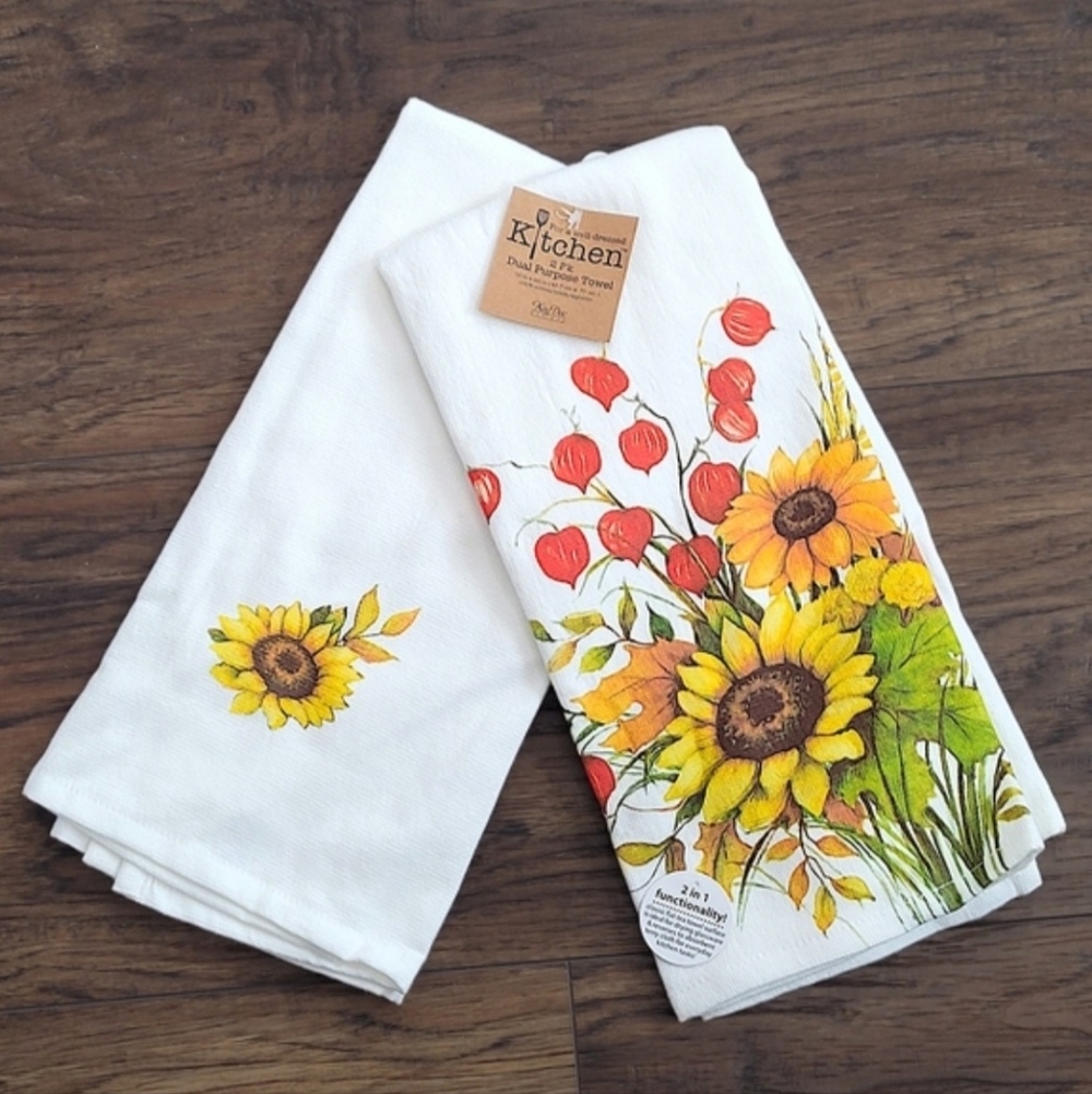 Chinese Lantern Sunflower Kitchen Towels Set Of 2 Dual Function Terrycloth